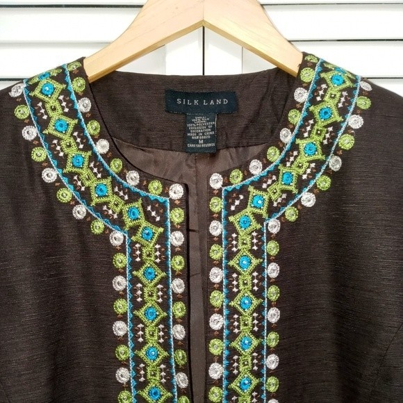 Silk Land Chocolate Brown Geometric design Embroidered Blazer/Jacket M - Picture 4 of 9